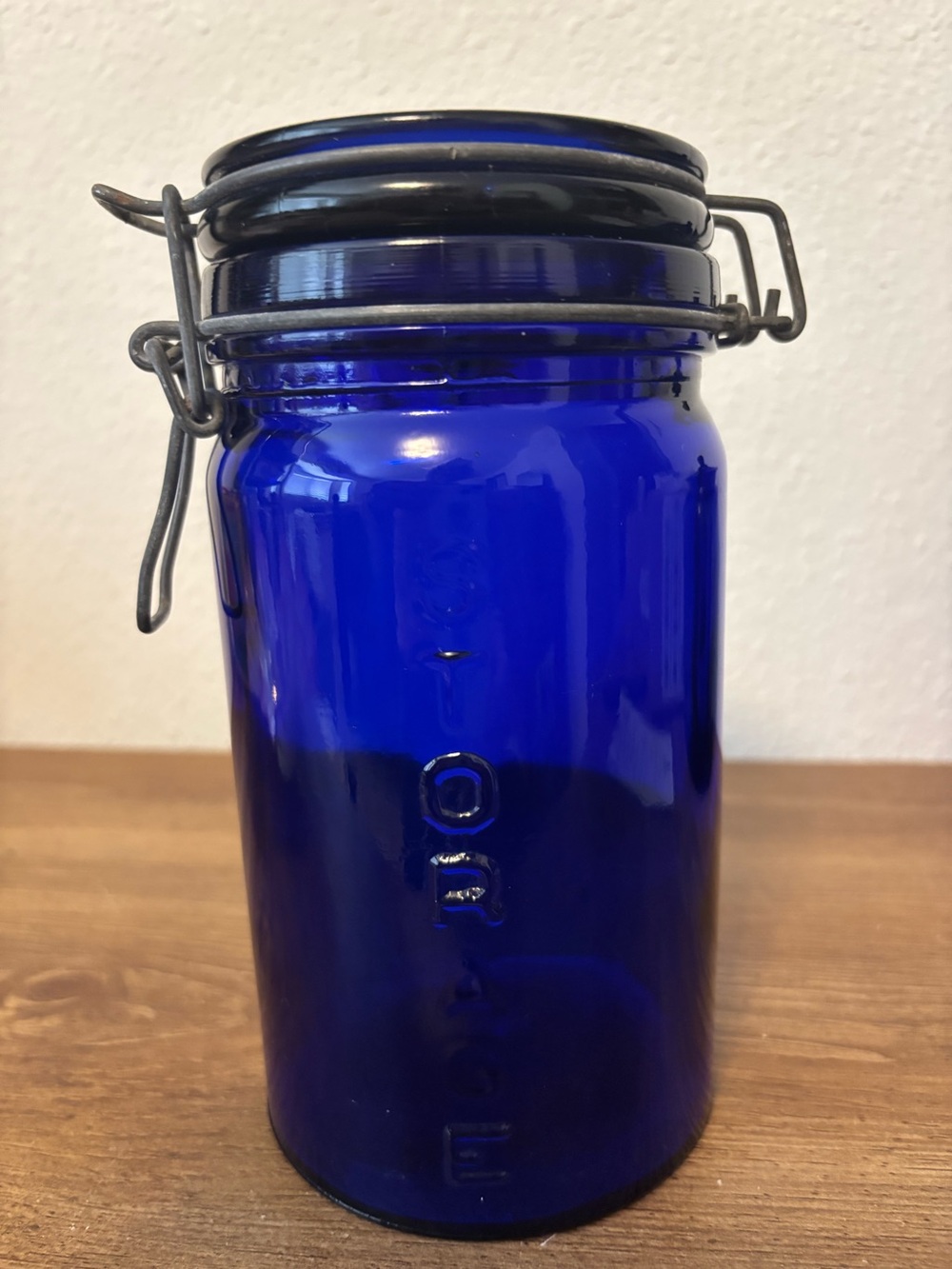 Vintage Cobalt Blue Glass Canister with Clamp Lid -perfect condition